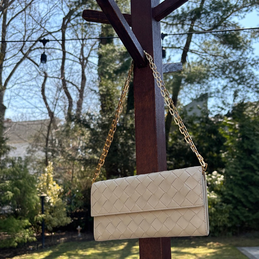 Bottega Veneta Cream Woven Leather Crossbody with Gold Chain
